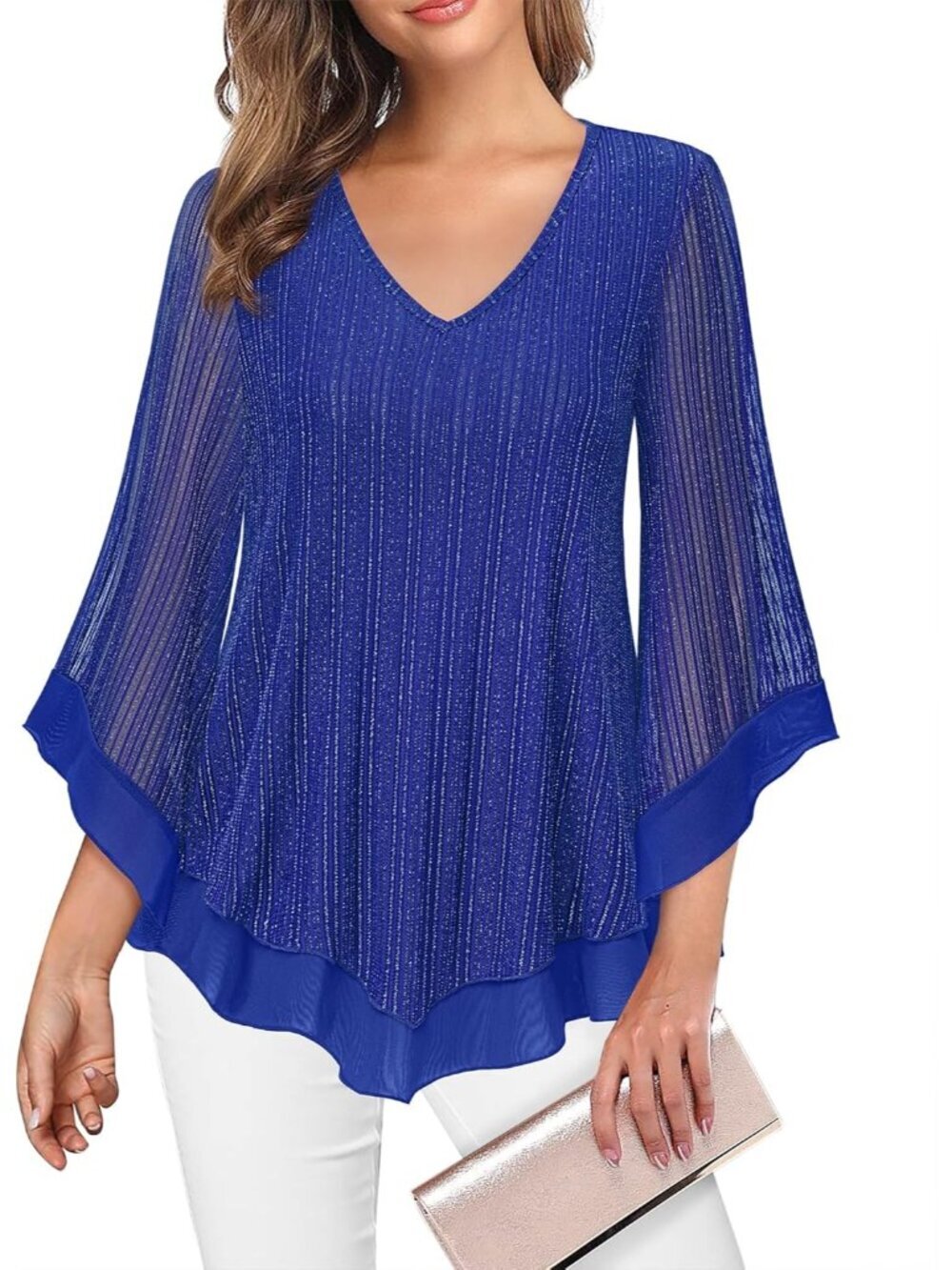 Women's Mesh Shirt Blue Double Layer Ruffle 3/4 Flared Sleeve Blouse Tunic Top